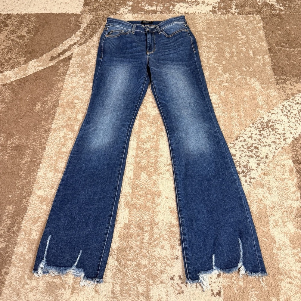 JUDY BLUE Stretch Bootcut Denim Jeans Womens 7/28 Raw Hem Blue Fade